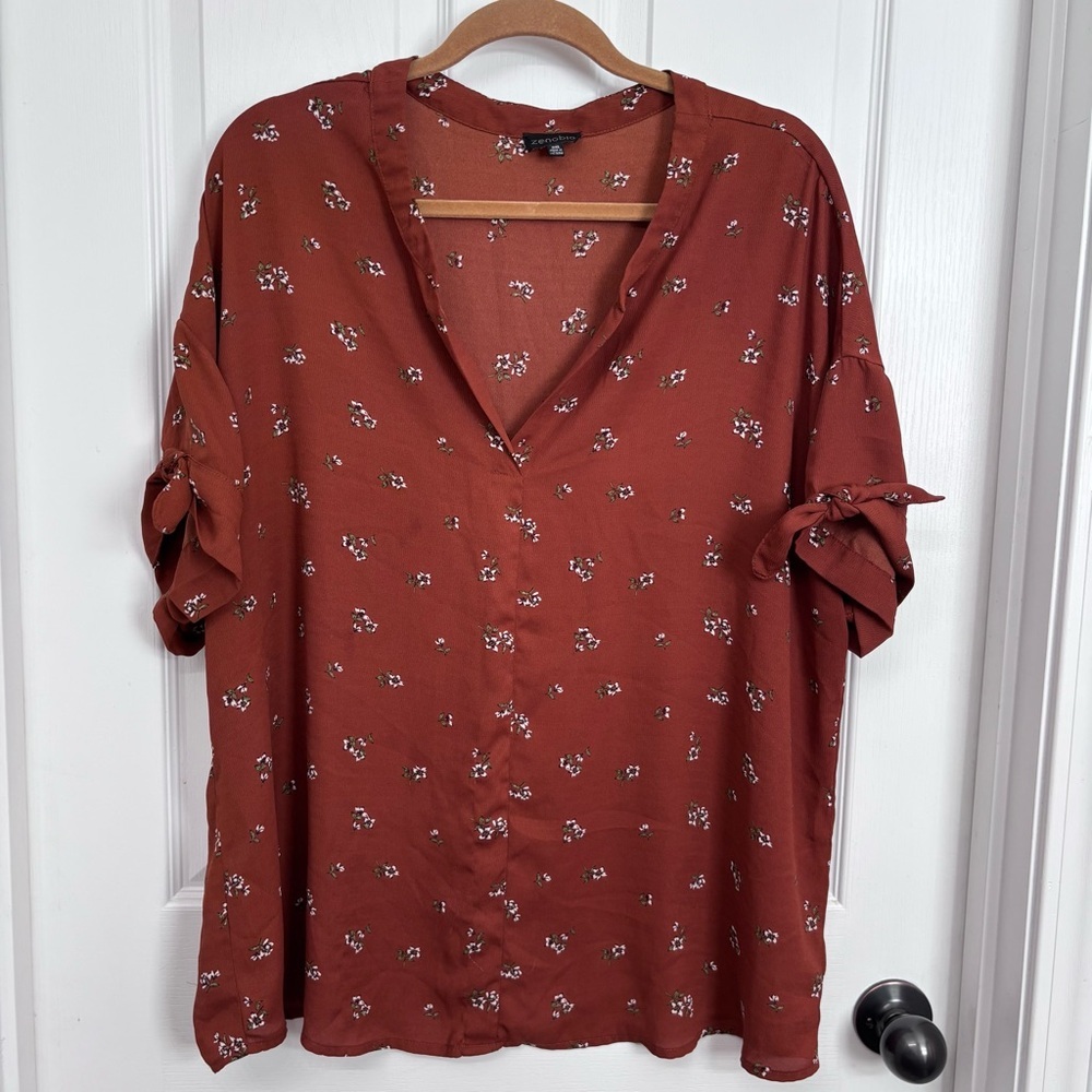 Rust Floral V-Neck Blouse | Zenobia 3XL